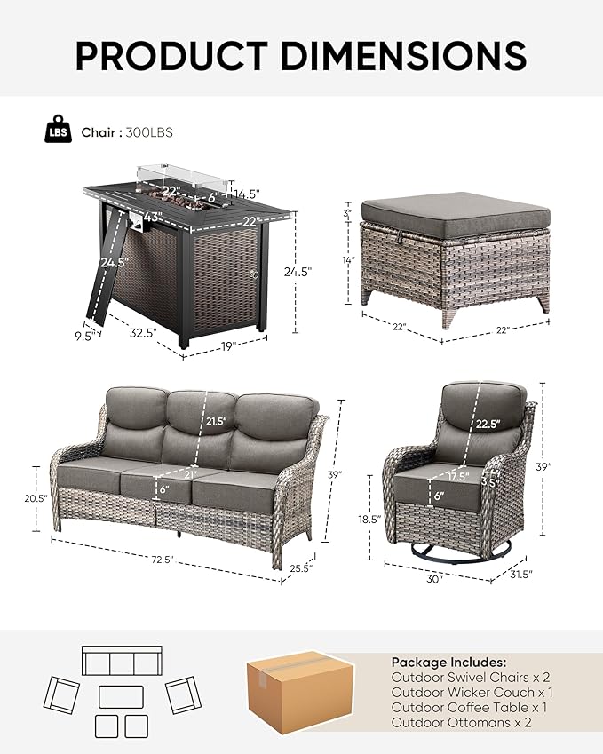 HUMMUH 6 Pieces Patio Furniture Set with Fire Pit High Back Outdoor Furniture Set 6-inch Cushions Wicker Patio Swivel Rocker Chairs for Balcony Garden,Lawn,Deck