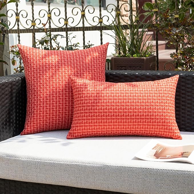 Kevin Textile Outdoor Waterproof Throw Pillow Covers Pack of 2 Weaving Texture Water Resistant Outside Decorative Cushion Covers for Garden Patio Tent Balcony Bench Couch Sofa 18x18 Inch, Red