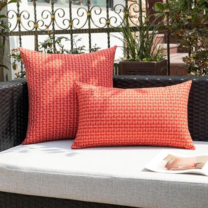 Kevin Textile Outdoor Waterproof Throw Pillow Covers Pack of 2 Weaving Texture Water Resistant Outside Decorative Cushion Covers for Garden Patio Tent Balcony Bench Couch Sofa 16x16 Inch, Red