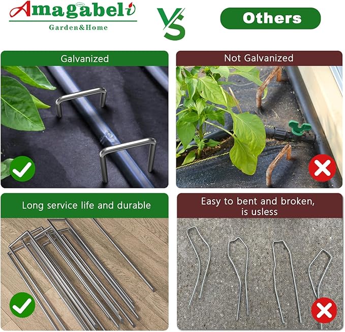 AMAGABELI GARDEN & HOME 300 Pack Galvanized Landscape Staples 8 Inch 11 Gauge Garden Staples Garden Stakes Plant Cover Stakes U-Shaped Landscape Stakes Landscape Pins for Weed Barrier Fabric