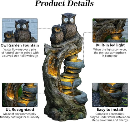 34.3''H Outdoor Water Fountain Owl Tree Stump, 4 - Tier Cascading Waterfall Garden Fountains with LED Lights & Pump Water Feature Resin for Patio, Deck, Yard, Home Decor