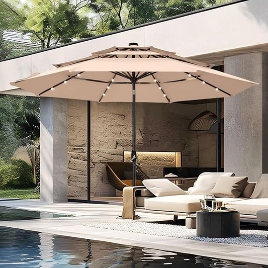 PHI VILLA 10ft Patio Umbrella with Solar Lights, Outdoor 3 Tier Vented Large Market Table Umbrella with 8 Sturdy Ribs and 1.5" Umbrellla Pole for Lawn Poolside Garden Terrace, Beige