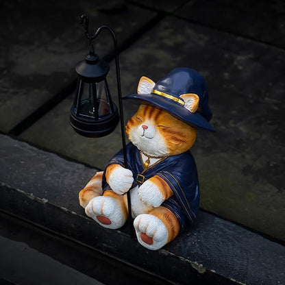 Decorative Solar Wizard Cat Lantern Garden Statue, Outdoor Figurine Light with Black Metal Lamp Post for Garden Decoration Outdoor Decor