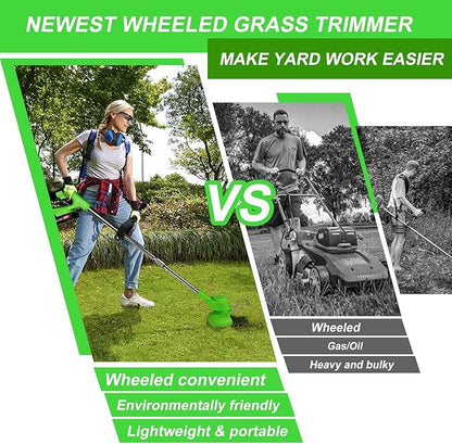 Cordless Weed Wacker Battery Powered Electric 21V 4.0Ah*2pcs 5 Types Blade&Wheels Grass Trimmer/Lawn Edger/Mower/Brush Cutter, Weeder Tool for Lawn Garden Pruning/Trimming (Unfoldable)