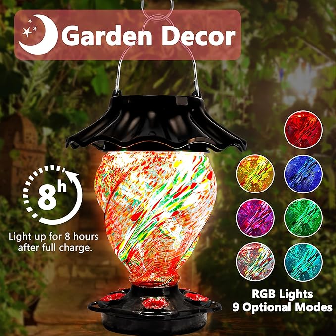 LUJII Solar Hummingbird Feeder for Outdoors Hanging with Color Changing, Hand Blown Glass, 35 fl.oz, Never Leak, Lighted Lantern for Garden Decoration, Unique Gift for Bird Lovers, Red