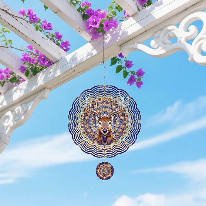 Wind Spinners Outdoor, Purple Brown Elk Deer 3D Stainless Steel Wind Sculpture Spinner for Garden Outside Hanging Decor Mother's Day Christmas Birthday Gifts for Women Men Mom Nana 9.8 in