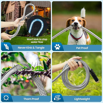 Garden Hose 95FT, Water Hose with 10 Function Nozzle, Garden Hose Metal with Leak-proof Connectors, Kink-Free & Ultra Flexible, Rust/Pet/Puncture Proof for Lawn, Yard, RV, Car Wash, 550PSI