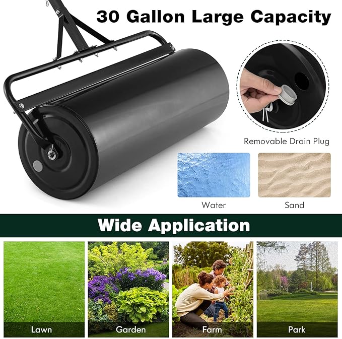 IRONMAX Lawn Roller, 30 Gallons/113 L Manual & Tow-Behind Steel Sod Roller w/Push Pull Handle, Lawn Rollers Tow Behind Water Filled for Yard, Park, Garden, Ball Field (30 Gallons, Black)