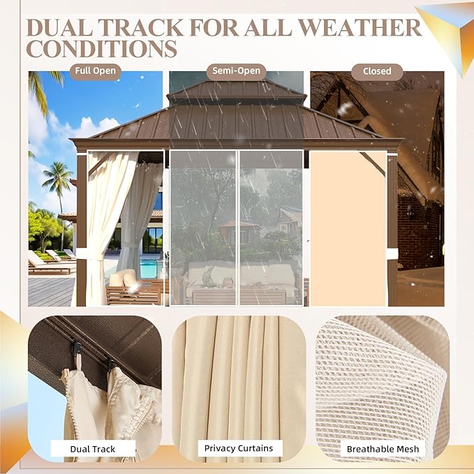YOLENY 12' x 12' Gazebo, Galvanized Steel Double Roof Hardtop Gazebo with Aluminum Frame, Permanent Outdoor Metal Pavilion with Curtain and Netting for Patio, Lawn and Garden