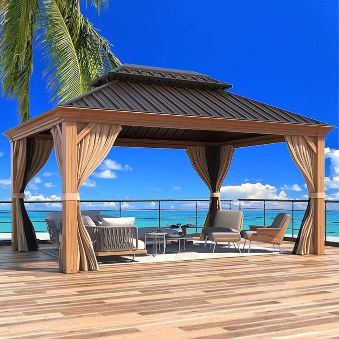 MELLCOM 12'x14' Wood Looking Hardtop Gazebo, Aluminum Frame and Galvanized Steel Double Roof, Metal Outdoor Gazebo with Curtains and Nettings for Deck Backyard and Patio