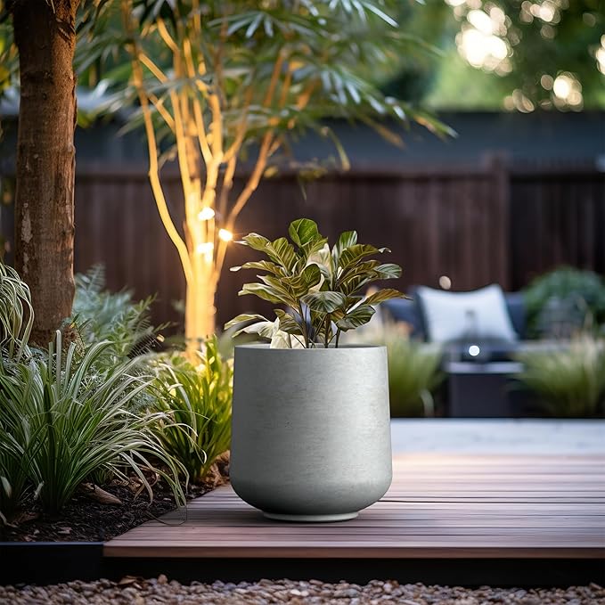 Kante 15.3" Dia Round Concrete Planter, Outdoor Indoor Large Plant Pots Containers with Drainage Hole and Rubber Plug for Home Garden Patio, Gray Concrete
