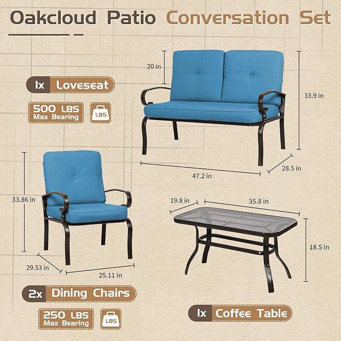 5Pcs Outdoor Furniture Patio Conversation Sets Loveseat, 2 Motion Spring Chairs with Coffee Table, Metal Frame Chair Set (Peacock Blue)