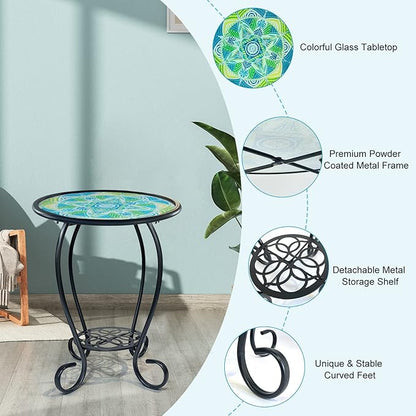 HONGLAND Mosaic Outdoor Side Table, 14" Round Patio Side Table, Mosaic Plant Stand, End Table W/Storage Shelf, Small Bistro Coffee Table for Garden Yard Porch Living Room(Green)