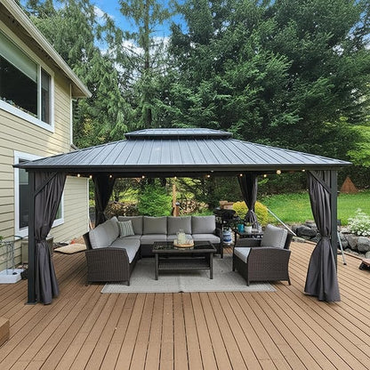 PURPLE LEAF 12'x16' Hardtop Gazebo with Lights Permanent Aluminum Double Roof on Galvanized Steel Frame Outdoor Patio Gazebo Including Netting and Curtains for Backyard Lawn Garden Grey