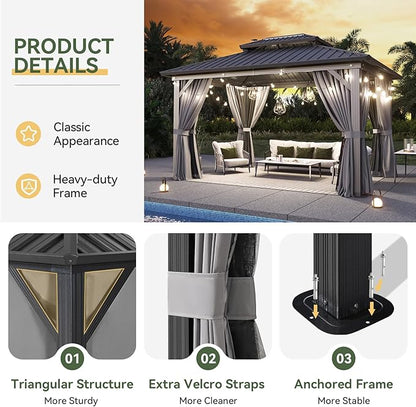 Aoxun 10'x14' Hardtop Gazebo, Aluminum Frame Canopy with Double Galvanized Steel Roof, Outdoor Metal Pavilion with Netting, Curtains for Backyard, Patio and Deck