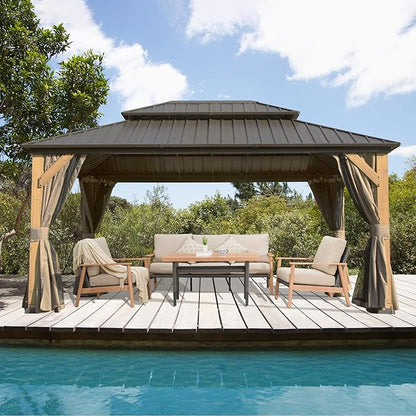 Domi 12'x16' Cedar Wood Gazebo with Double Roof Steel Hardtop,Solid Wood Frame Gazebo,Curtains and Netting Included for Garden, Backyard