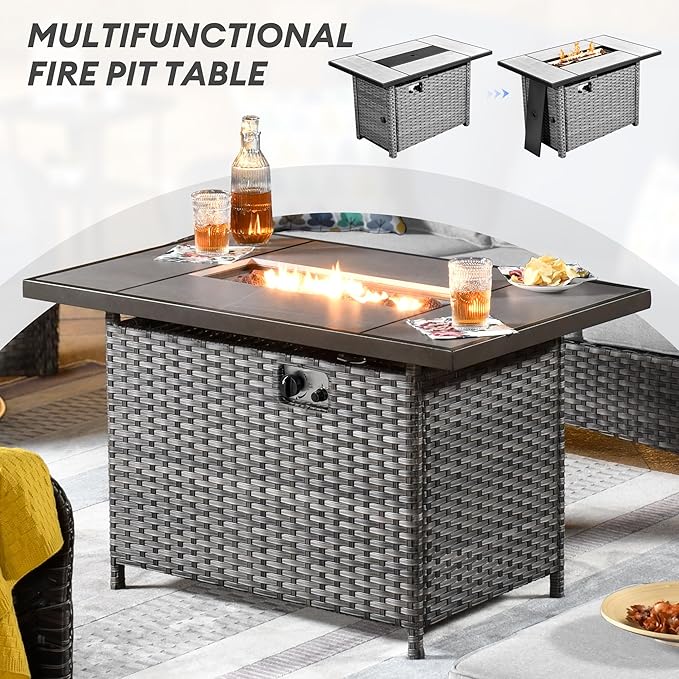 HOOOWOOO Patio Outdoor Furniture with Large Fire Pit Table,High Back 6 Piece Wicker Patio Conversation Set with Swivel Chairs,7 Person Couch Sofa Seating,Light Gray