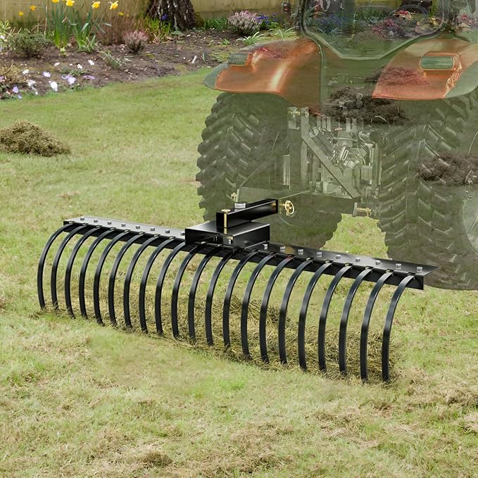 VEVOR Tow Behind Landscape Rake, 60" Tow Dethatcher with 21 Steel Coil Tines, Lawn Dethatcher Rake Attaches to 48" or 60" Toolbars and 3-Point Suspension Systems, for Leaves, Pine Needles, and Grass