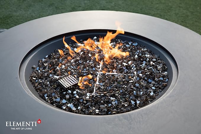 Elementi+ | Bundle Nimes Gas Fire Pit Cast Concrete 40" Dia. Round Fire Table, Outdoor Fire Pit Electronic Ignition | Canvas Cover, Fire Glass and Burner Lid Included | Dark Gray | Natural Gas