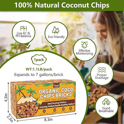 Legigo 1.1 LB Coco Husk Chips for Plants- 100% Organic Coconut Coir Chips Brick with Low EC & PH Balance, Compressed Coconut Substrate Coco Chips Mulch Medium for Garden, Flowers, Plants