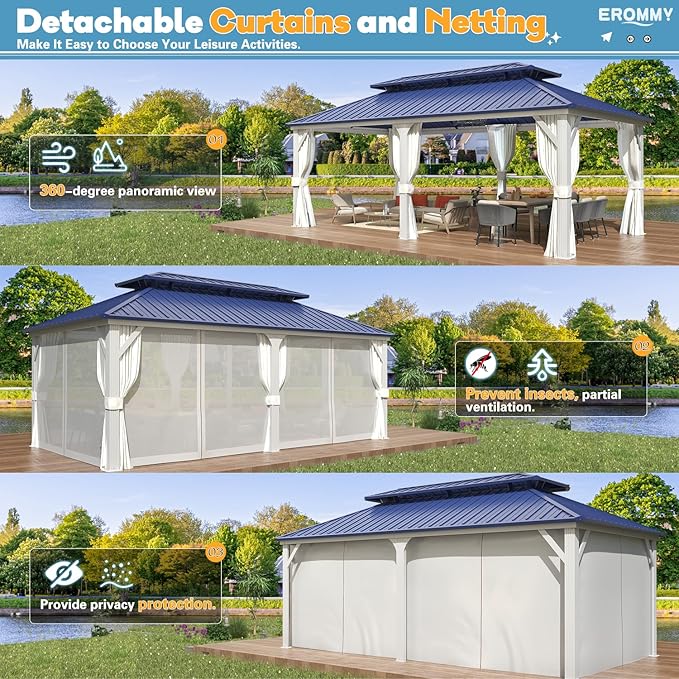 EROMMY 12'x20' Gazebo Hardtop, Galvanized Steel Double Roof Metal Gazebo with Aluminum Frame, Permanent Outdoor Pavilion with Curtain and Netting for Patio Lawn and Garden, Blue