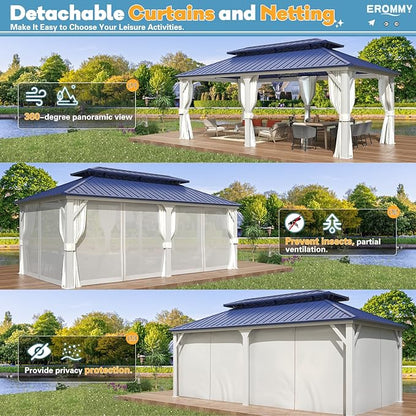 EROMMY 12'x20' Gazebo Hardtop, Galvanized Steel Double Roof Metal Gazebo with Aluminum Frame, Permanent Outdoor Pavilion with Curtain and Netting for Patio Lawn and Garden, Blue