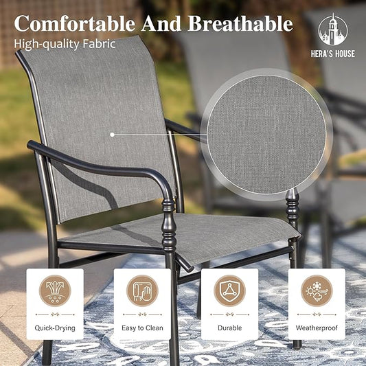 HERA'S HOUSE Patio Table and Chairs, 7 Pieces Outdoor Dining Set, 1 x Round Metal Table with 1.57”-1.9” Umbrella Hole, 6 x Grey Armrest Chairs for Deck Porch Backyard