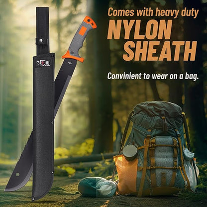 Machete with Saw - 25” Heavy Duty Tool & Sheath - Ergonomic No-Slip Handle - Survival Knife with Serrated Blade - Machetes for Bushcraft Outdoor Hunting Garden Cutting Trees and Yard Work