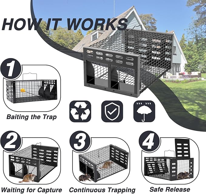 Rat Trap, Humane Live Rat Trap & Automatic Reset Mouse Traps with Dual One-Way Door Design – Catch and Release for Mice, Chipmunks, Hamsters, and Other Rodents, Indoors & Outdoors(Black)