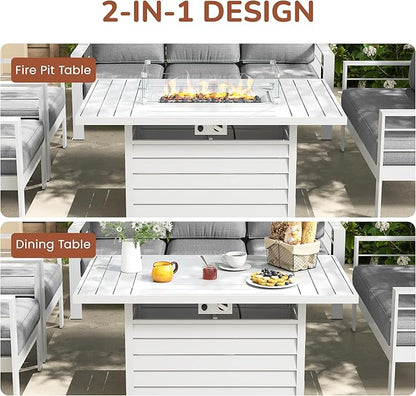 Solaste Aluminum Patio Furniture Set with Fire Pit Table, 4 Piece Metal Outdoor Furniture with Water-Resistant Cushions, Modern Patio Conversation Set for Balcony, Front Porch, and Backyard, White