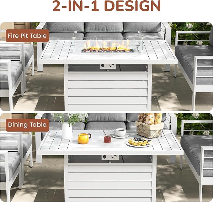 Solaste Aluminum Patio Furniture Set with Fire Pit Table, 4 Piece Metal Outdoor Furniture with Water-Resistant Cushions, Modern Patio Conversation Set for Balcony, Front Porch, and Backyard, White
