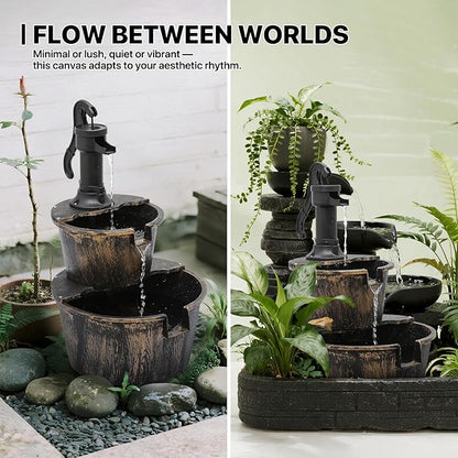 MoNiBloom Outdoor Water Fountains, 27" Tall 2-Tier Barrel and Pump Waterfall Fountain and Pump for Outdoor Patio Garden Backyard Decking, 11 L Water Capacity, Bronze