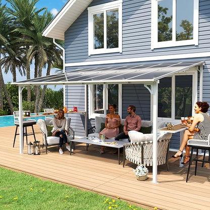 MEISSALIVVE 10' x 14' Wall Mounted Gazebo, Outdoor BBQ Grill Gazebo with Side Shelf, Lean to Metal Awnings with Sloped Roof, Heavy Duty Pergola for Backyard, Deck, White