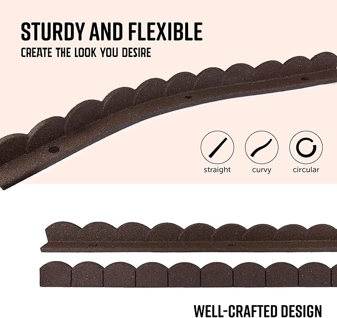 Playsafer L Shaped Flexible Rubber Scalloped Edger for Lawns Landscaping and Playground | Easy No Dig Installation| 4' Long (6, Brown)