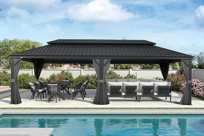 PURPLE LEAF 12' X 28' Large Hardtop Gazebo Aluminum Gazebo with Galvanized Steel Double Roof for Patio Lawn and Garden, Curtains and Netting Included Grey