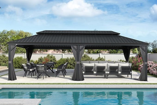 PURPLE LEAF 12' X 28' Large Hardtop Gazebo Aluminum Gazebo with Galvanized Steel Double Roof for Patio Lawn and Garden, Curtains and Netting Included Grey