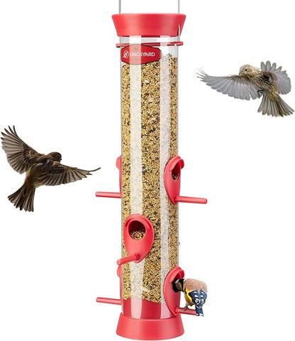 Kingsyard 6 Ports Tube Bird Feeder for Outdoors Hanging, Removable Base and Perch, Easy to Clean & Refill, Premium Hard Plastic, Attracting for Finches Cardinals Bluebirds (Red)