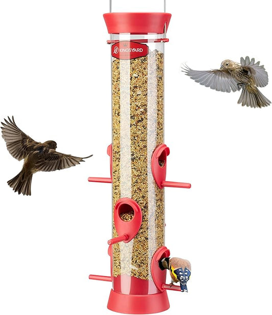 Kingsyard 6 Ports Tube Bird Feeder for Outdoors Hanging, Removable Base and Perch, Easy to Clean & Refill, Premium Hard Plastic, Attracting for Finches Cardinals Bluebirds (Red)