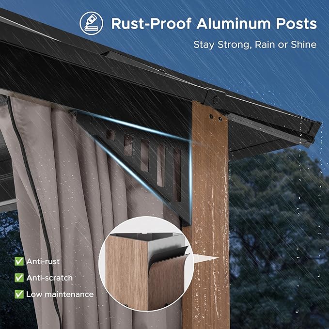 SUNJOY Kingston 12' x 10' Hardtop Gazebo with Galvanized Steel Double Roof, Curtain and Netting, Woodgrain Finish Aluminum Posts Permanent Pavilion Gazebo for Garden, Patio, Deck, Lawn