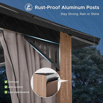 SUNJOY Kingston 20' x 12' Hardtop Gazebo with Galvanized Steel/Polycarbonate Double Roof, Curtain and Netting, Woodgrain Finish Aluminum Posts Permanent Pavilion Gazebo for Garden, Patio, Deck, Lawn