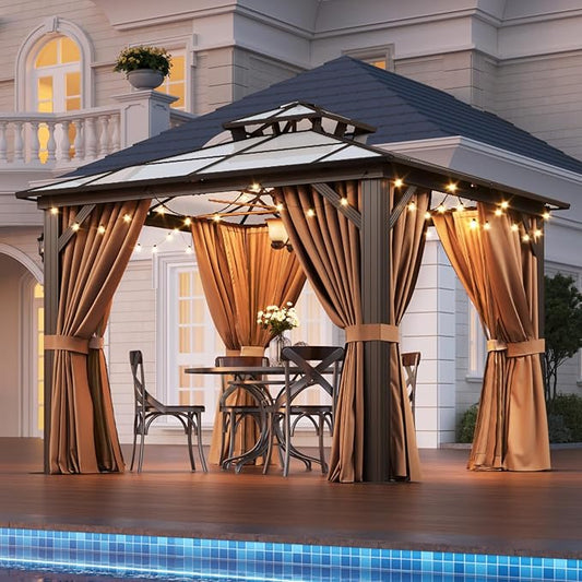 Aoxun 10'x10' Hardtop Gazebo, Aluminum Frame Permanent Pavilion with Netting and Curtains, Outdoor Polycarbonate Double Roof Canopy, Designed for Lawn, Garden, Patio (Khaki)