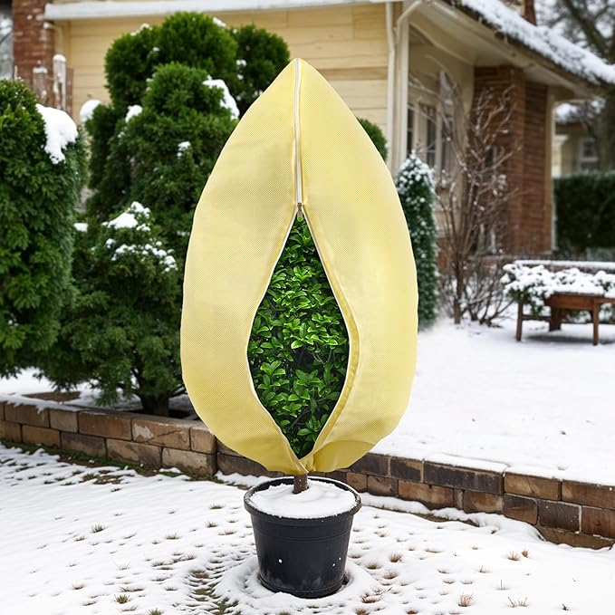 Plant Covers Freeze Protection, 4 Pack 32''× 47'' Beige Frost Cloths Blankets with Zipper Drawstring Shrub Tree Covers for Winter Outdoor Plants Freeze Protection