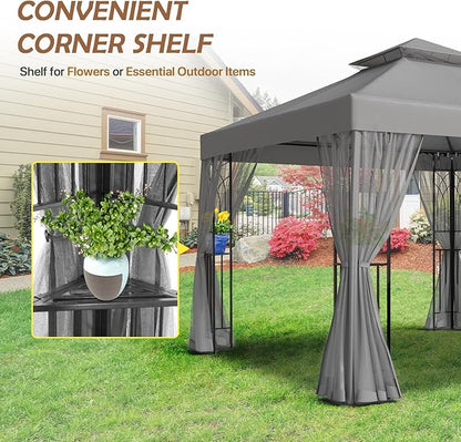 COOS BAY 10x10 Outdoor Patio Gazebo with Netting and Corner Shelves, Two-Tier Soft Top Canopy for Backyard, Lawn, Deck and Garden, Gray