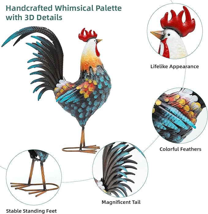 32" Metal Rooster Decor, Outdoor Garden Statues, Metal Chicken Sculpture for Backyard Patio Kitchen Decor