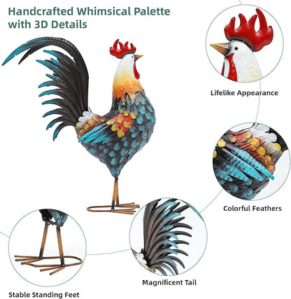 32" Metal Rooster Decor, Outdoor Garden Statues, Metal Chicken Sculpture for Backyard Patio Kitchen Decor