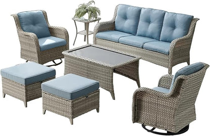 Wicker Rattan Patio Furniture Set - 7 Pieces Outdoor Couch with Swivel Chairs, Ottomans and Coffee Table for Deck, Poolside, Backyard - Light Grey/Light Blue