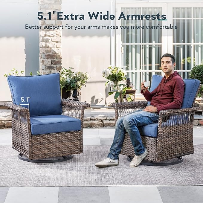Outdoor Swivel Glider Chairs - 3 Pieces Hollow Widen Armrests Wicker Patio Furniture Set with Side Table, High Back Outside Swivel Rocker for Balcony Porch Deck and Yard - Brown/Blue