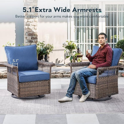 5 Pieces Wicker Patio Furniture Set - Hollow Widen Armrests Outdoor Swivel Glider Chairs and 3 Seat Sofa with Coffee Table & Side Table for Balcony Porch Deck and Yard - Brown/Blue