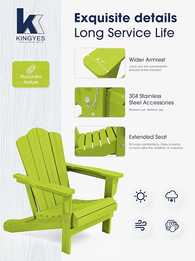 KINGYES Folding Adirondack Chair, HDPE All-Weather Patio Chairs, Wooden Textured Lawn Chair for Poolside, Backyard, Deck, Fire Pit, Apple