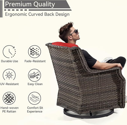 Patio Bistro Set 3 Pieces - Outdoor Swivel Rocker Patio Chair Set of 2 with Matching Tempered Glass Side Table, Cushion Included(Mixed Grey/Red)